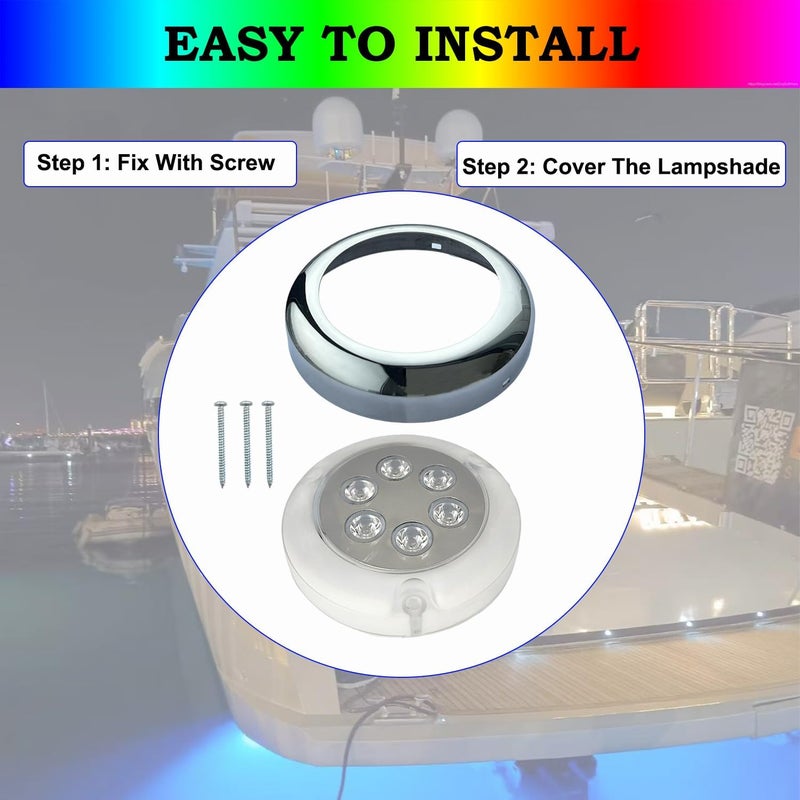 Vcanuplms ضوء تحت الماء للقارب، أضواء LED بحرية RGBW بحجم 3.5 بوصة مع فولاذ مقاوم للصدأ 316، إضاءة سفن مقاومة للماء IP68 لصيد الأسماك، اليخوت، حفلات الأرصفة، تركيب سطحي 12/24 فولت (2 قطعة) - Image 4